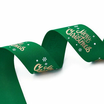 Kerstlint merry christmas en ijskristal groen 25 mm breed