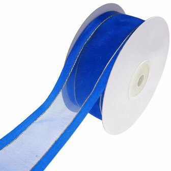 Organza satijn lint met goud lurex randje 38 mm blauw