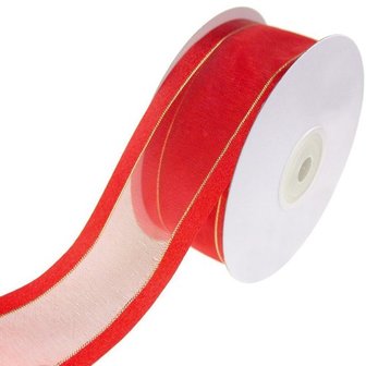 Organza satijn lint met goud lurex randje 38 mm rood