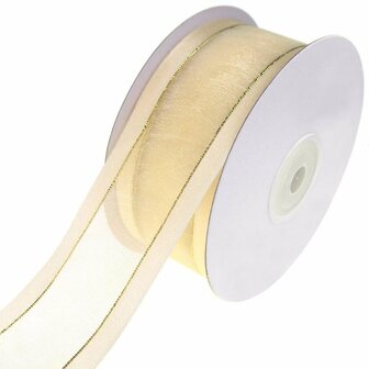 Organza satijn lint met goud lurex randje 38 mm ivoor