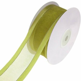 Organza satijn lint met goud lurex randje 38 mm licht lime groen