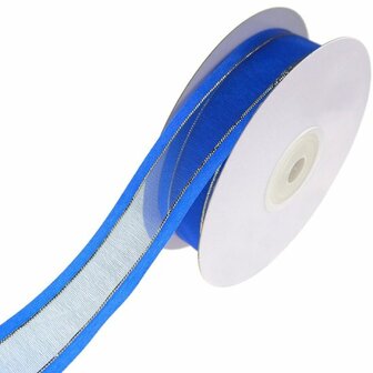 Organza satijn lint met goud lurex randje 25 mm blauw