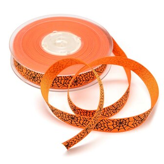 Grosgrain lint 1.5 cm oranje met zwart spinnenweb 5 meter