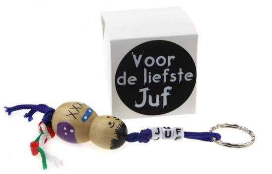 Gelukszakje sleutelhanger klavertje vier juf met label zo blij met een juf zoals jij