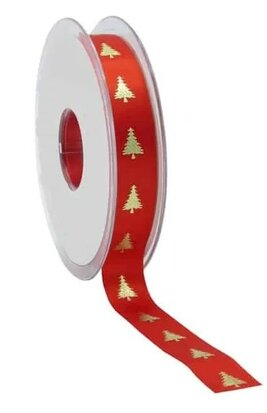 Satijn lint rood kerstboom goud bedrukking 15 mm breed 5 meter