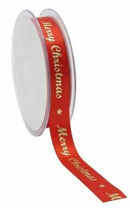 Satijn lint merry christmas rood met goud bedrukking 15 mm breed 5 meter