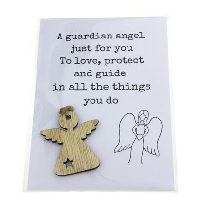 Gelukszakje kaart wit a guardian angel just for you houten engeltje label