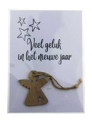 Kaart veel geluk in het nieuwe jaar met houten hanger