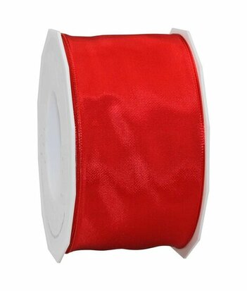 Satijn lint met ijzerdraad rood 6 cm breed