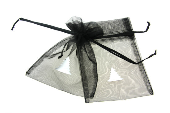 Organza zakjes 10 x 15 cm zwart met witte kerstboom