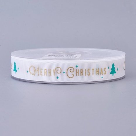 Kerstlint grosgrain wit merry christmas 15 mm breed