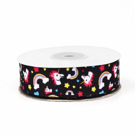 Grosgrain lint 25 mm zwart unicorn regenboog