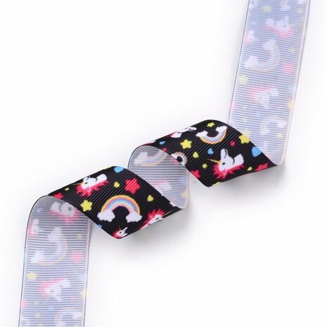 Grosgrain lint 25 mm zwart unicorn regenboog