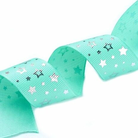 Grosgrain lint 25 mm breed mint zilveren ster