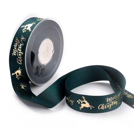 Kerstlint groen goud merry christmas en rendier 25 mm breed