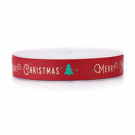 Kerstlint grosgrain rood merry christmas 15 mm breed